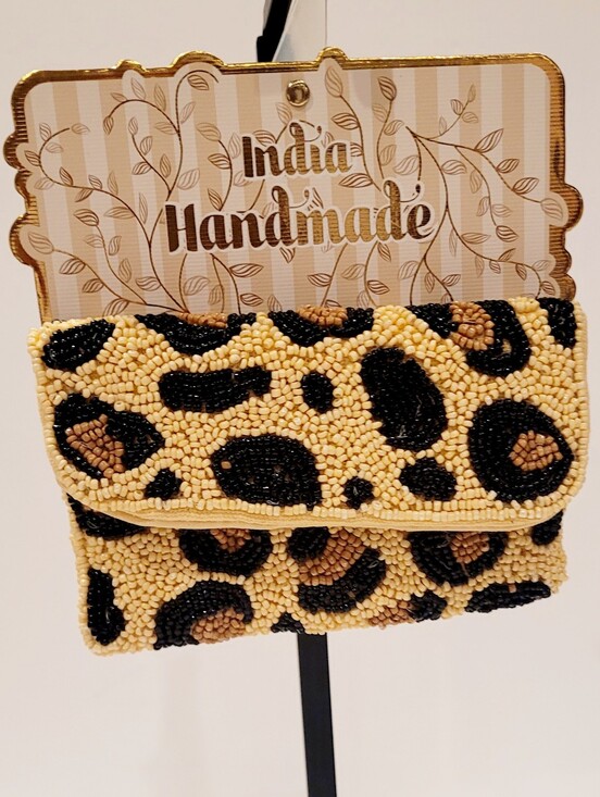 Handbags - Leopard Beaded Clutch - Tan Black Brown Handmade